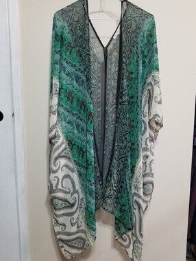 Daniel Rainn Teal Paisley Sheer Kimono Black Trim 2x-3x